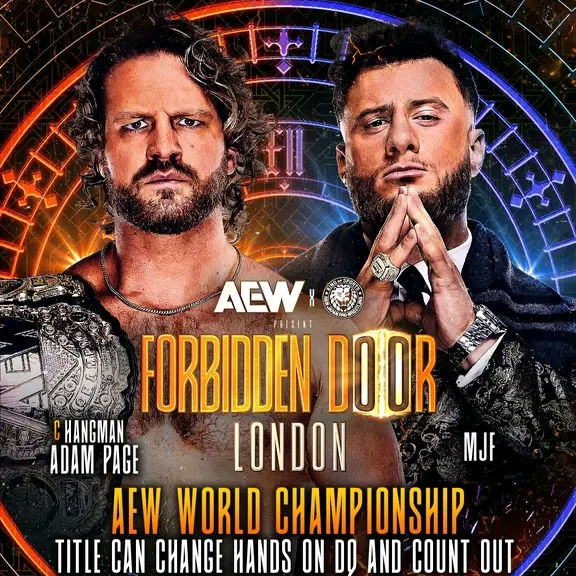 AEW & NJPW Promotional Image for the AEW World Championship: (Hangman Adam Page VS MJF)
