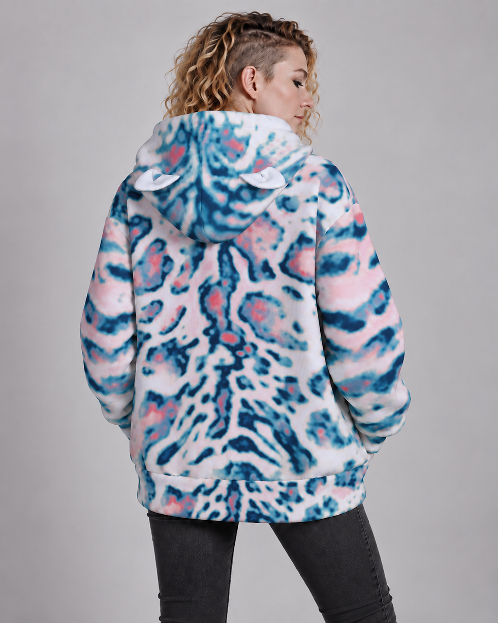 Rear-view mockup of the pale pink-and-blue feline-pattern hoodie with cat ears.