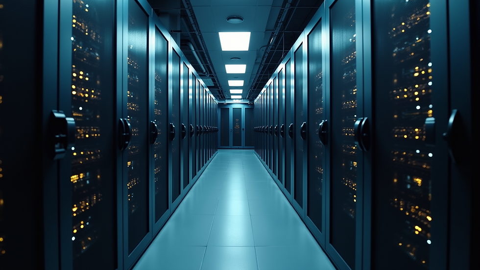 Wide angle view of a server room filled with network equipment
