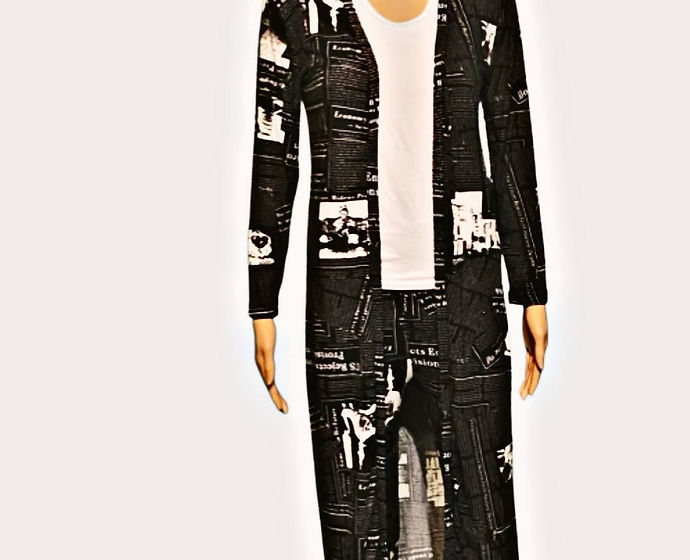 Newspaper Print Cardigan, Pants and White Shirt.