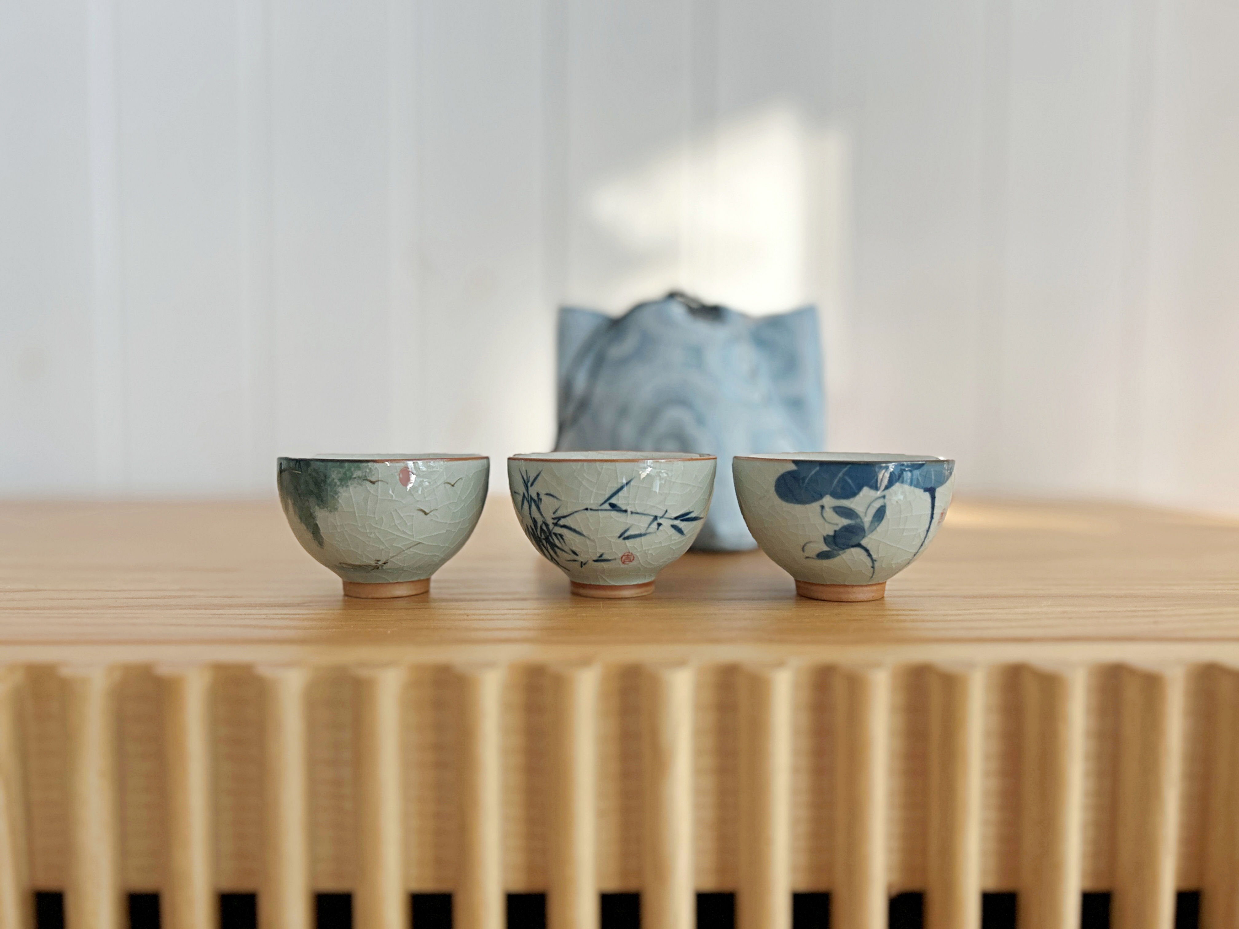 PREMIUM kolekcjonerska czarka miseczka do herbaty Ge Yao z niebieską sakiewką