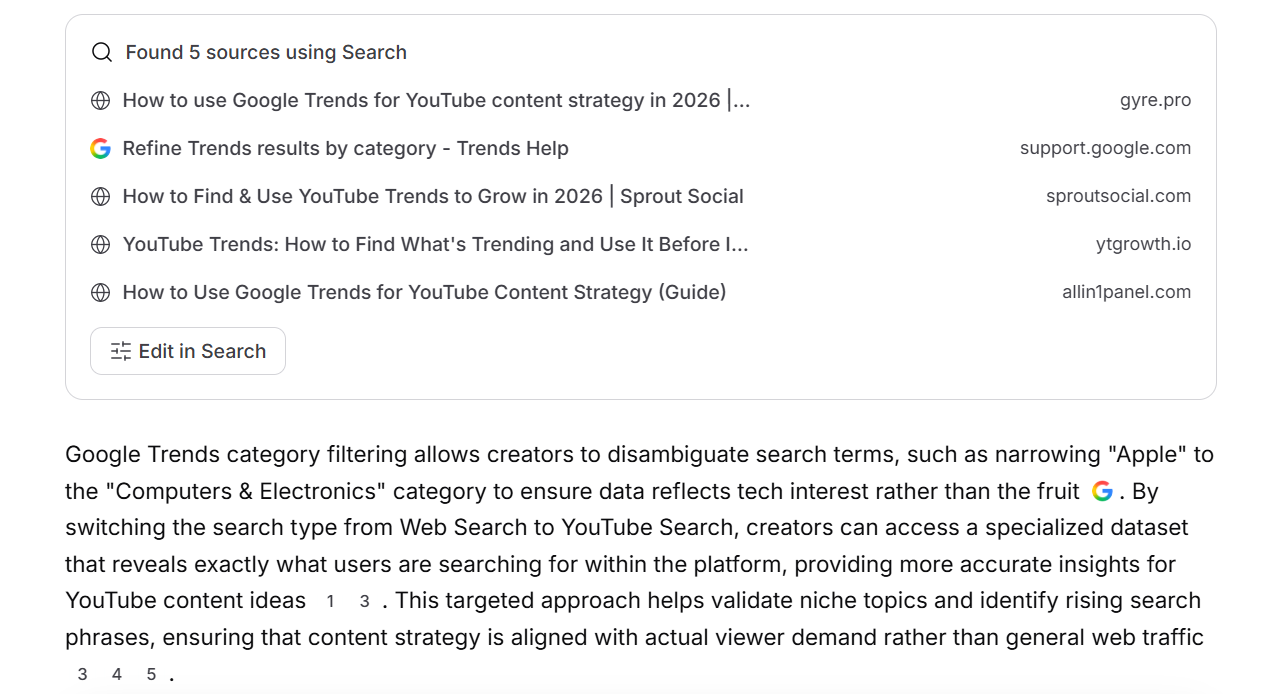 My fourth Exa search looked specifically at Breakout queries.
The thing I wanted to understand was not just what “Breakout” means, but what I should do after finding one.
A rapidly growing query can be worth investigating, but the growth itself doesn't tell me everything about the audience behind it.
So I would treat a Breakout query as a starting point for research, not as an automatic reason to create content.
I can investigate what caused the growth, what the search is about, and whether I can find a useful content angle around it.
That keeps me from making a decision based on one signal.