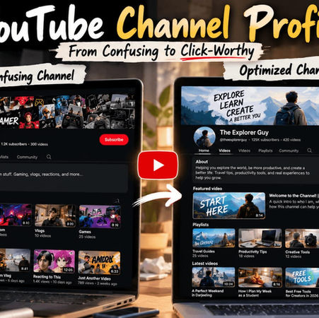 Before-and-after comparison of a confusing YouTube channel profile and an optimized profile, showing differences in banners, channel names, About sections, featured content, playlists, and thumbnails