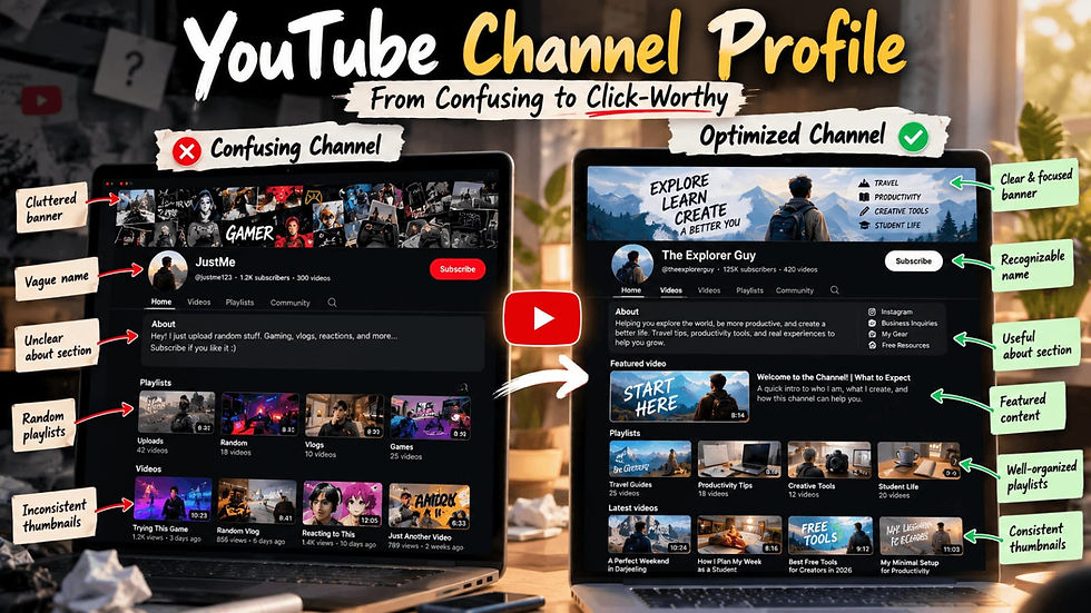 Before-and-after comparison of a confusing YouTube channel profile and an optimized profile, showing differences in banners, channel names, About sections, featured content, playlists, and thumbnails