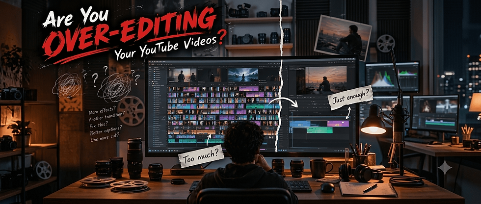 YouTube creator facing an overloaded video editing timeline and questioning whether they are over-editing