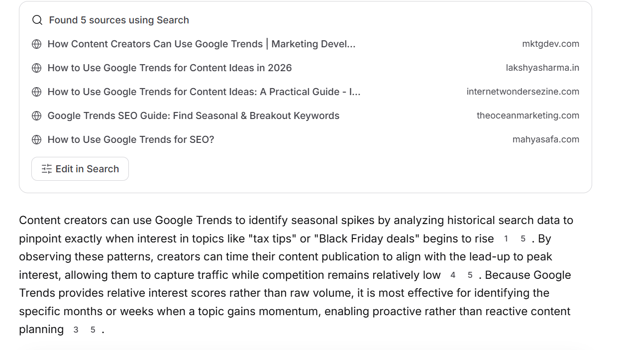 Screenshot of an AI-generated answer explaining how content creators can use Google Trends to identify seasonality, accompanied by a list of five web sources used for the response.