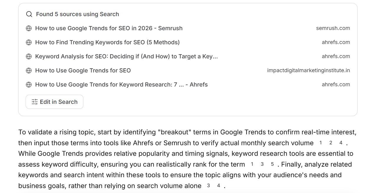Screenshot of an AI answer explaining how content creators validate rising Google Trends topics using keyword research tools like Ahrefs or Semrush