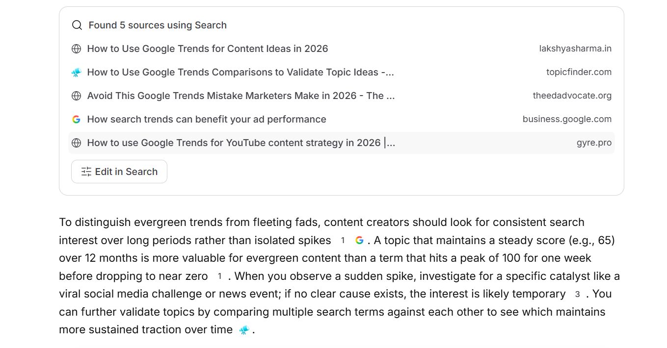 Screenshot displaying an AI answer explaining how to use Google Trends to distinguish fleeting fads from sustainable evergreen trends, complete with a list of five referenced web sources.