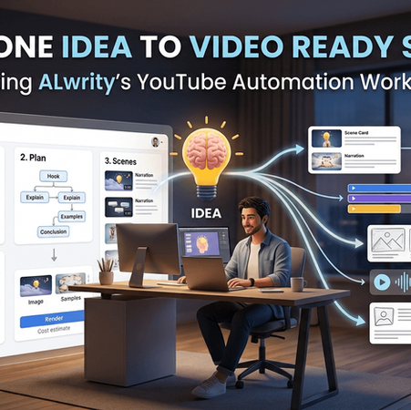 Illustration of a creator using ALwrity’s YouTube automation workflow to turn an idea into a video plan, scenes, images, audio, and a final rendered video.