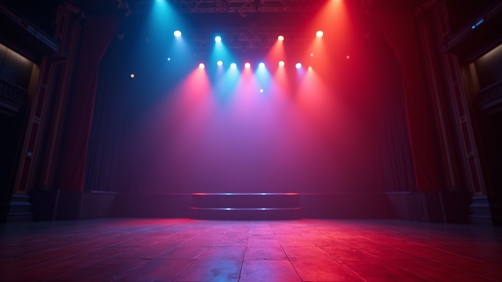 Eye-level view of a vibrant theatre stage with colorful lights