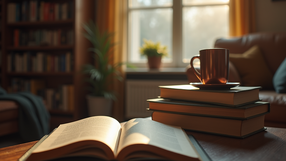 Eye-level view of a cozy reading nook with a stack of books
