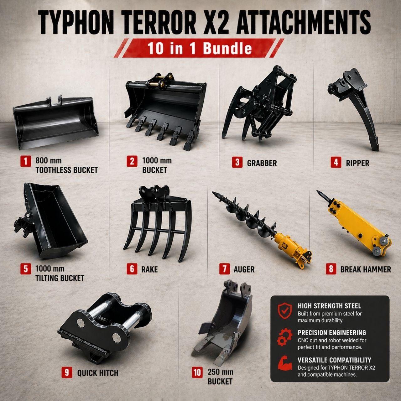 Ultimate 10 in 1 Attachment for TYPHON TERROR X2 Pro & X2 Max Mini Excavator
