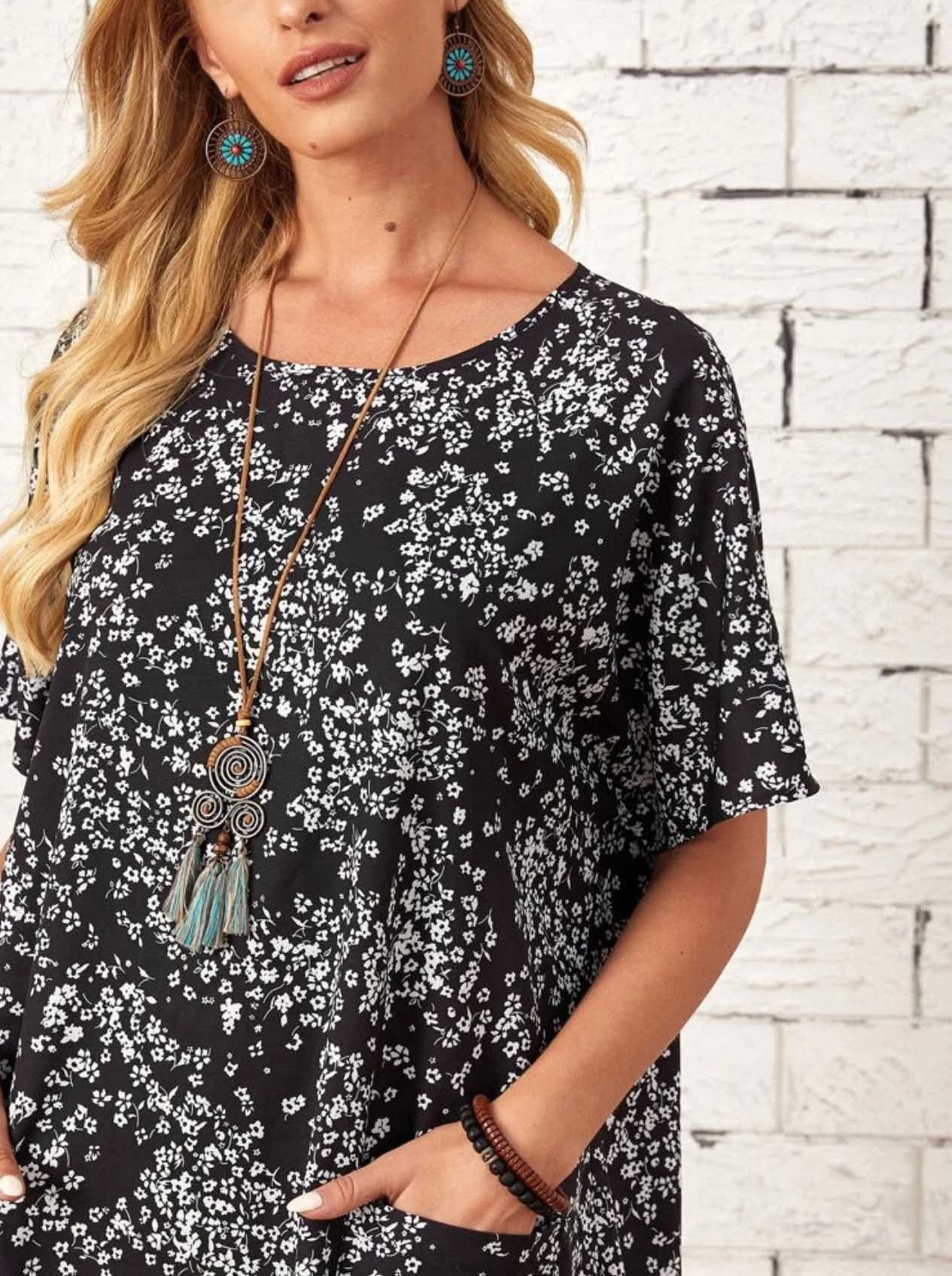 Robe T-shirt Noire fleurie  cou fermé Abidjan