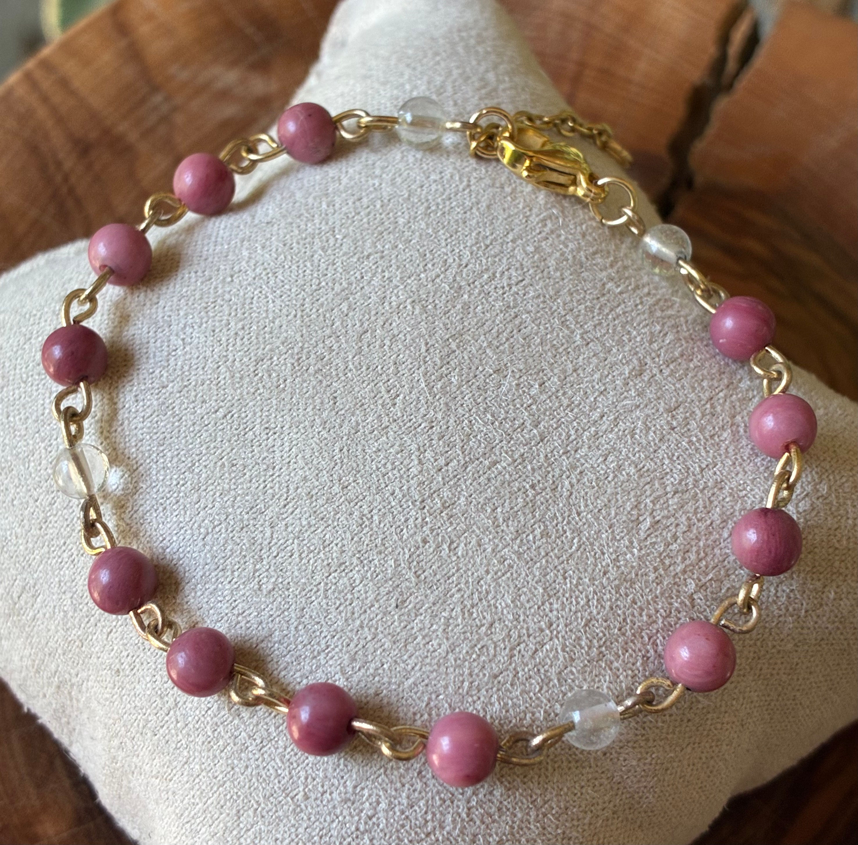 Bracelet Rhodonite 4mm et Cristal de roche. Pierres naturelles