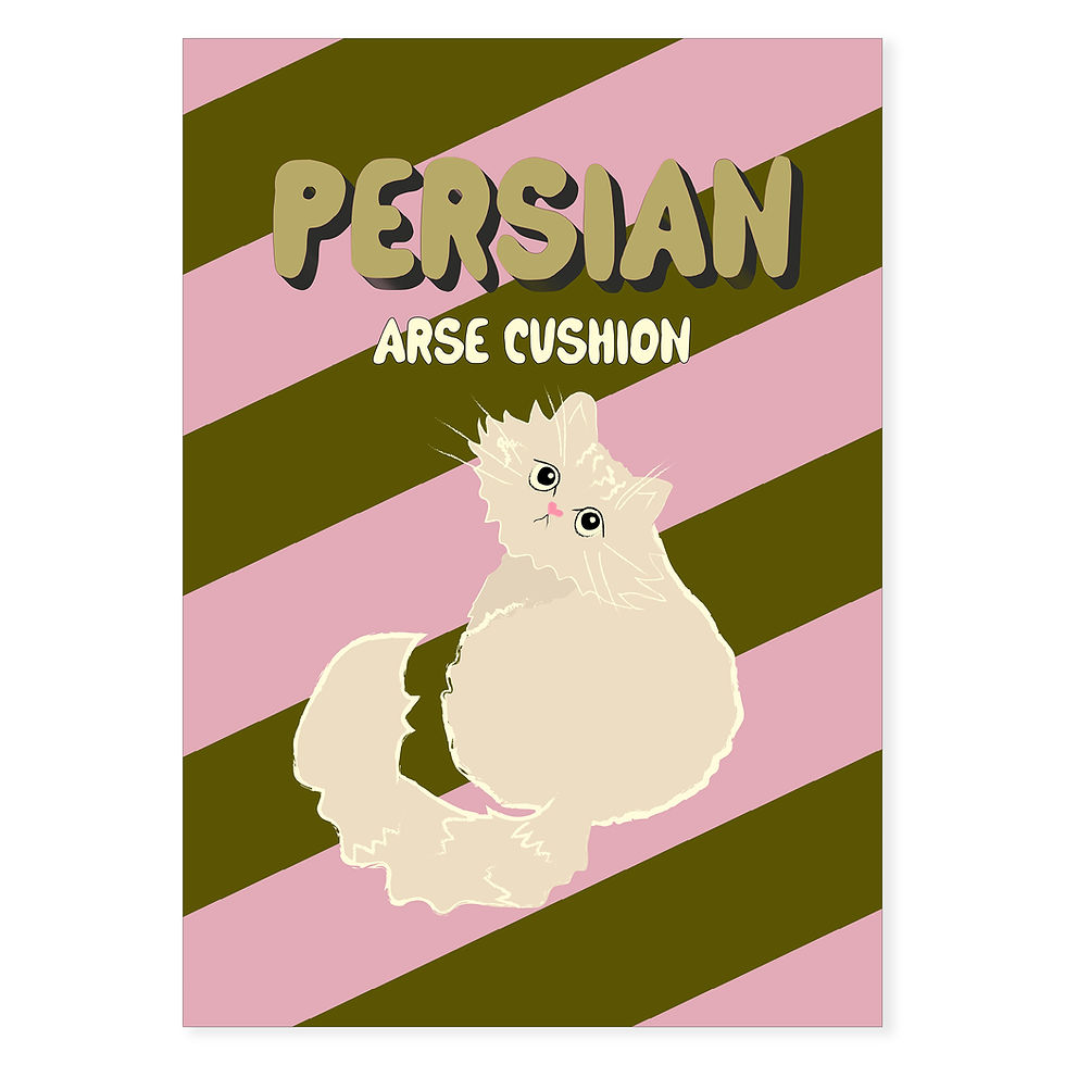 Persian cat art print with pink and olive green stripes and text reading ‘Persian Arse Cushion’ – funny rude cat wall art