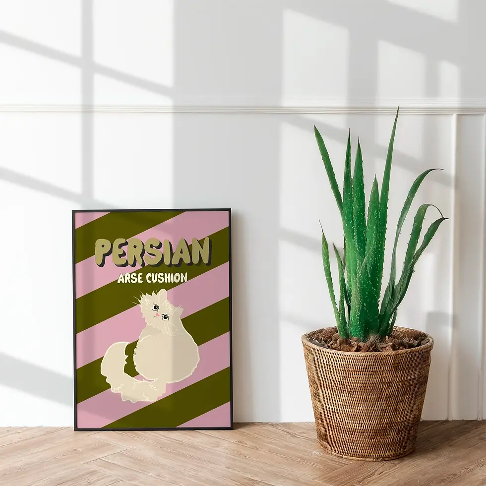Persian cat art print with pink and olive green stripes beside a wicker plant. Fun rude cat wall art by Nice Cats Company