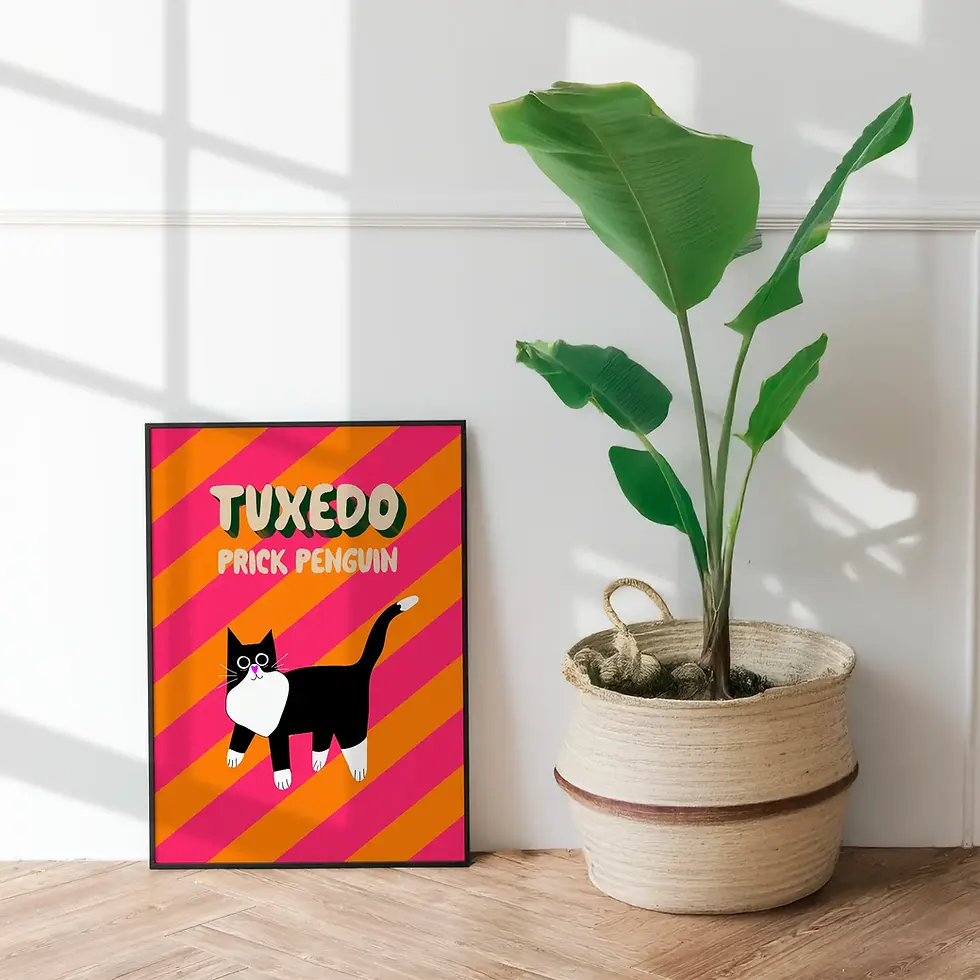 Tuxedo Cat Art Print framed on wall – funny black and white cat wall art for cat lovers