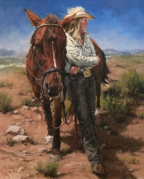 A woman leaning on a brown horse