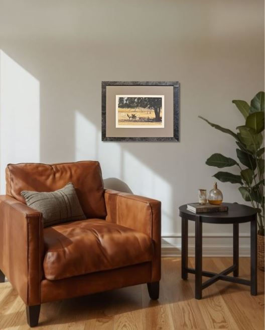 Thumbnail: Framed print: Deer in shaded grove