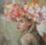 Fare skinned girl looking back wearing a big bouquet of pink flowers on her head