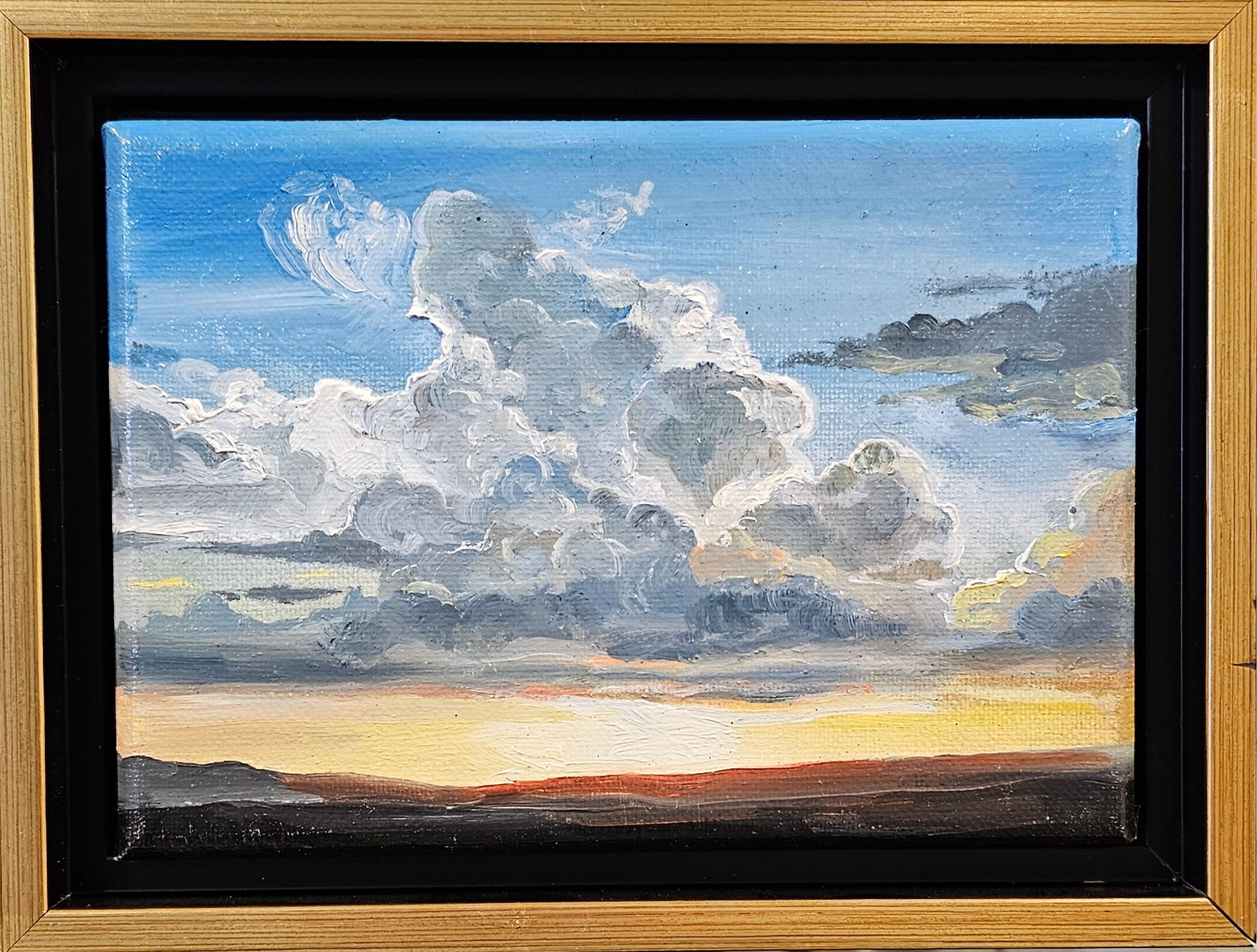 small landscape painting with clouds and yellow bursting sunshine