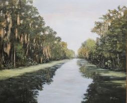 A painting of a lake in the early light