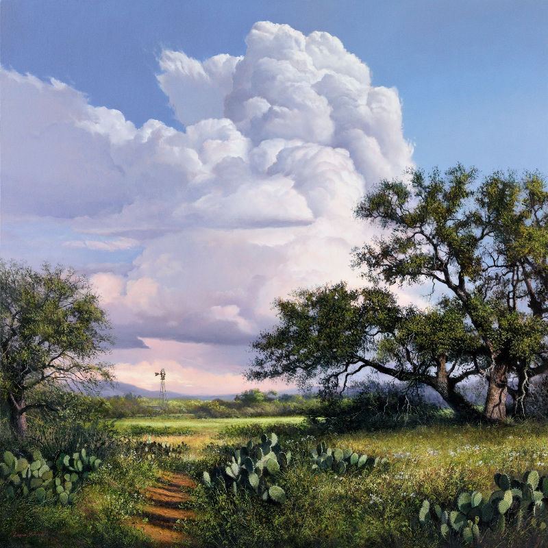Original oil painting of a Texas Hill Country field with cactus, oak trees, and a windmill
