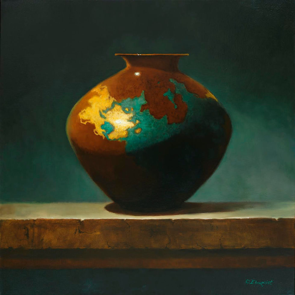 a painting of a round brown, turquoise, and gold vase