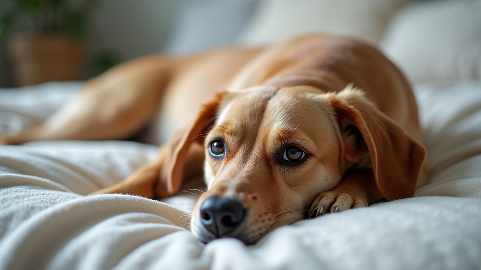 Close-up view of a dog resting comfortably on a soft bed