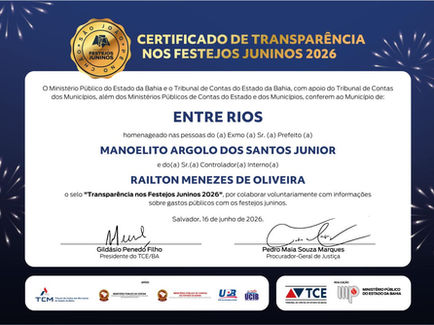 São João 2026: MPBA entrega Selo de Transparência ao município de Entre Rios