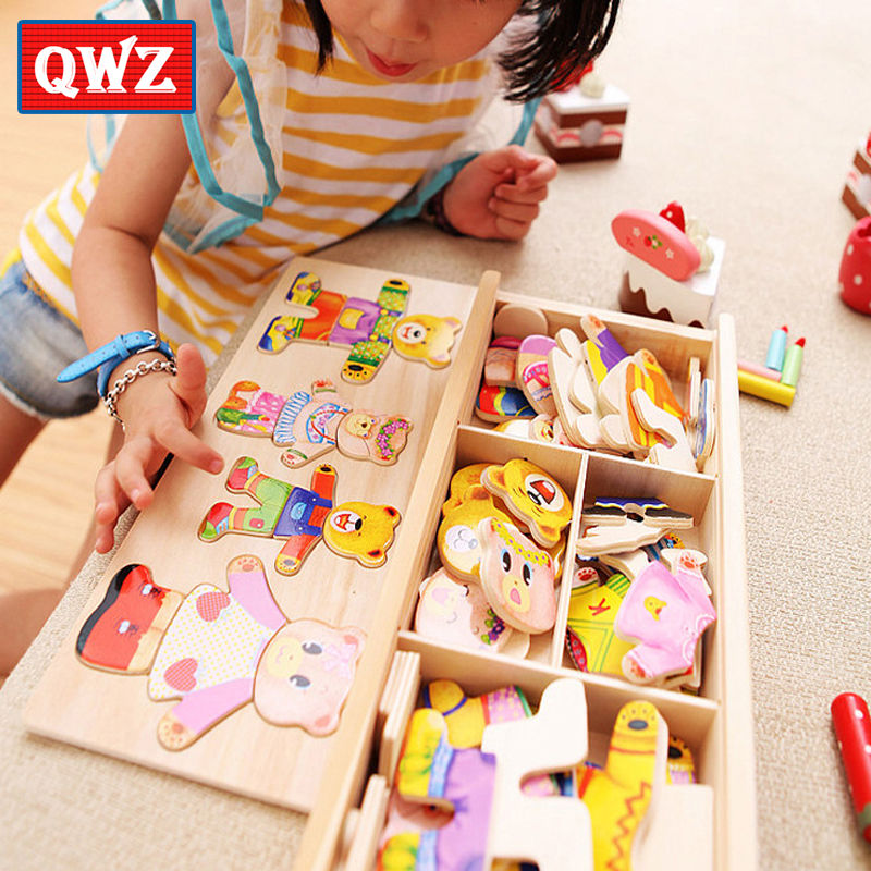 QWZ Little Bear Change Clothes Children's Early Education Wooden Jigsaw Puzzle D