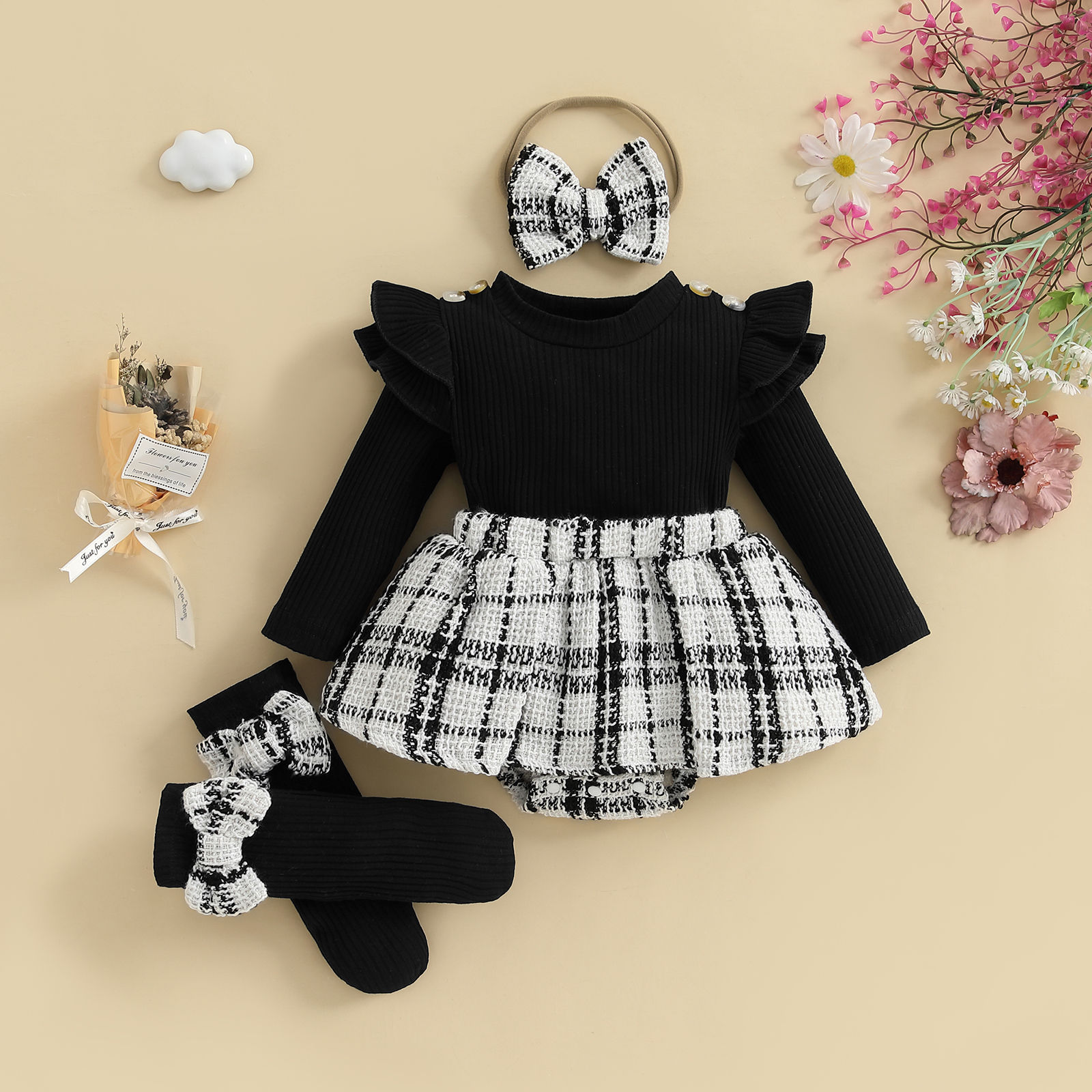 Pudcoco Baby Girl Fall Outfits Long Sleeve Plaid Print Skirt Bodysuit with Headb