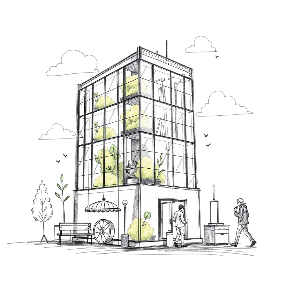 Illustrated building with green plants and people.