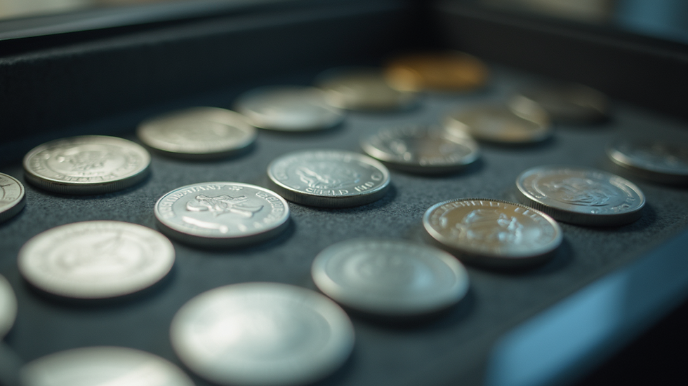 Eye-level view of a collection of silver coins neatly arranged in a display case