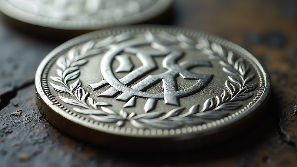 Close-up view of a silver coin with intricate historical design