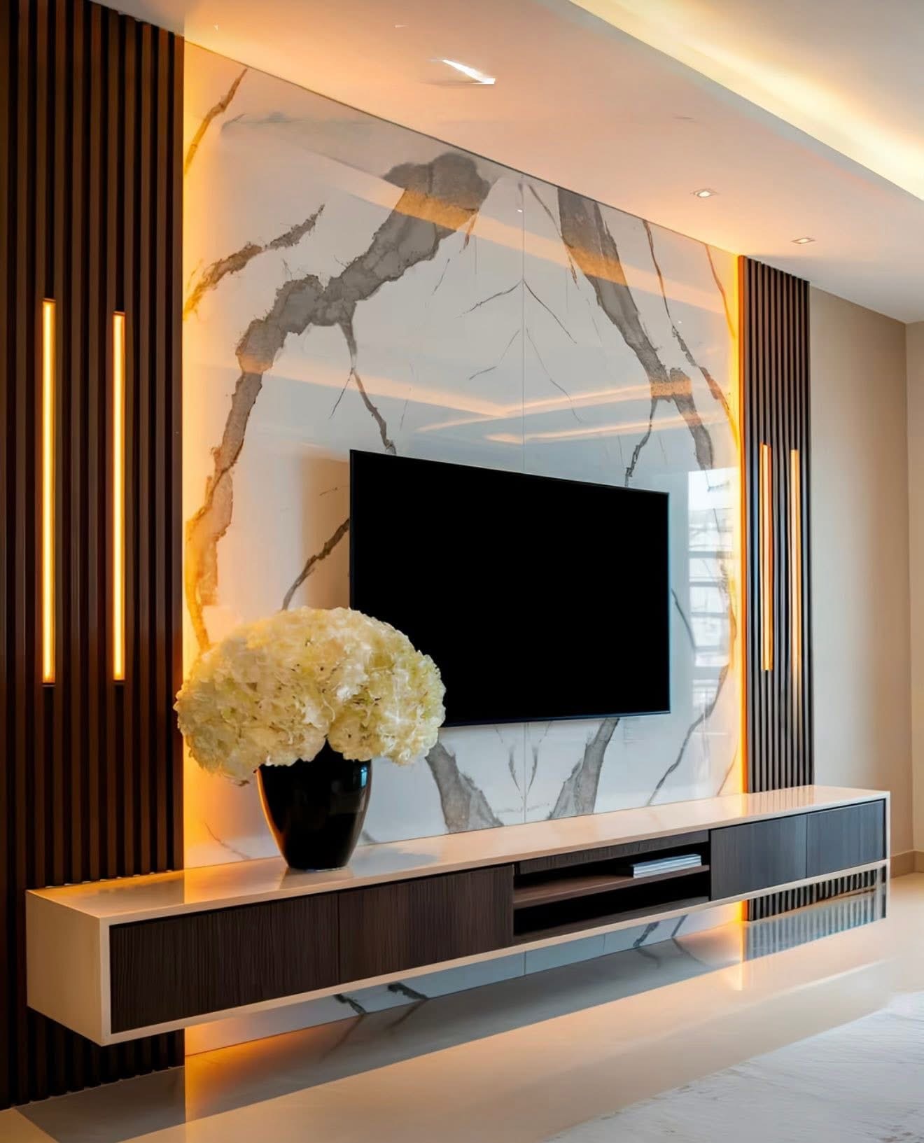 Luxury marble PVC wall panels installed in a modern living room in Columbus, Ohio