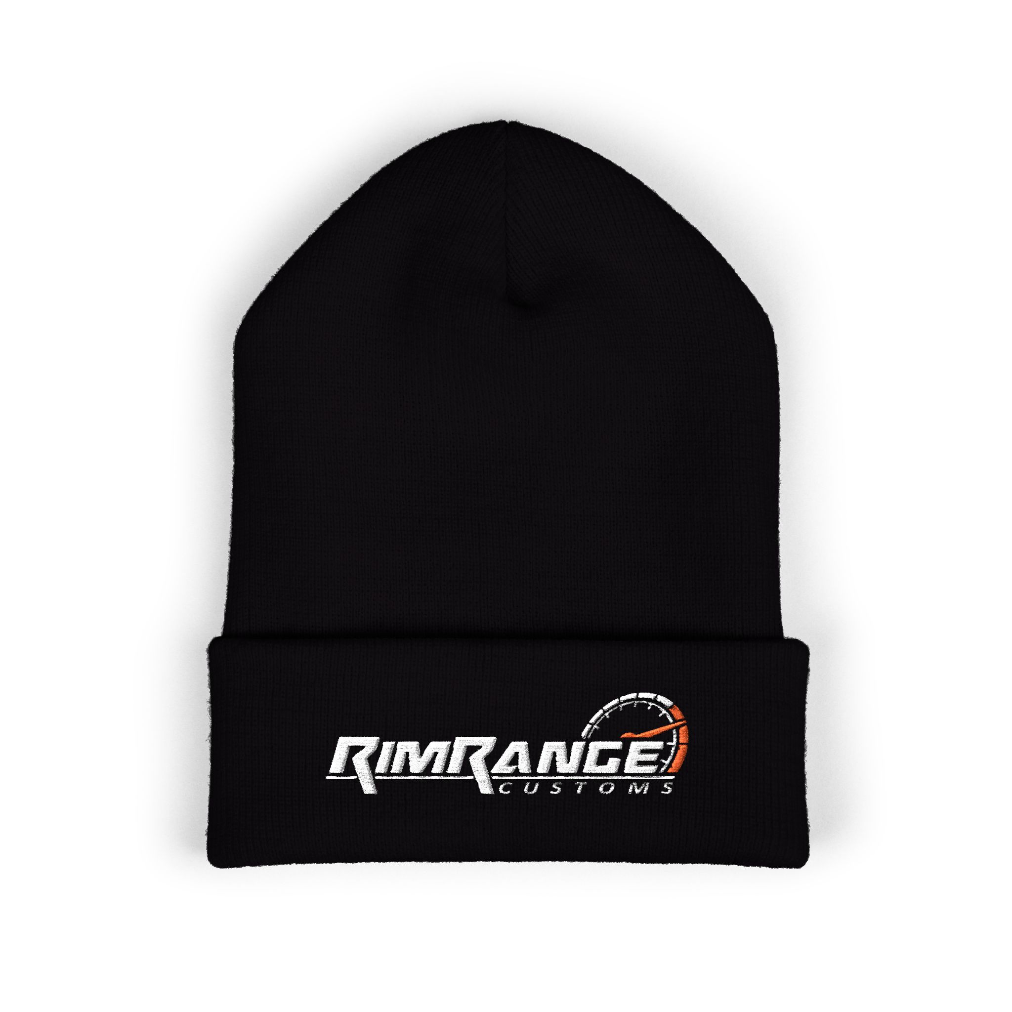 Black Rim Range Customs beanie with embroidered logo