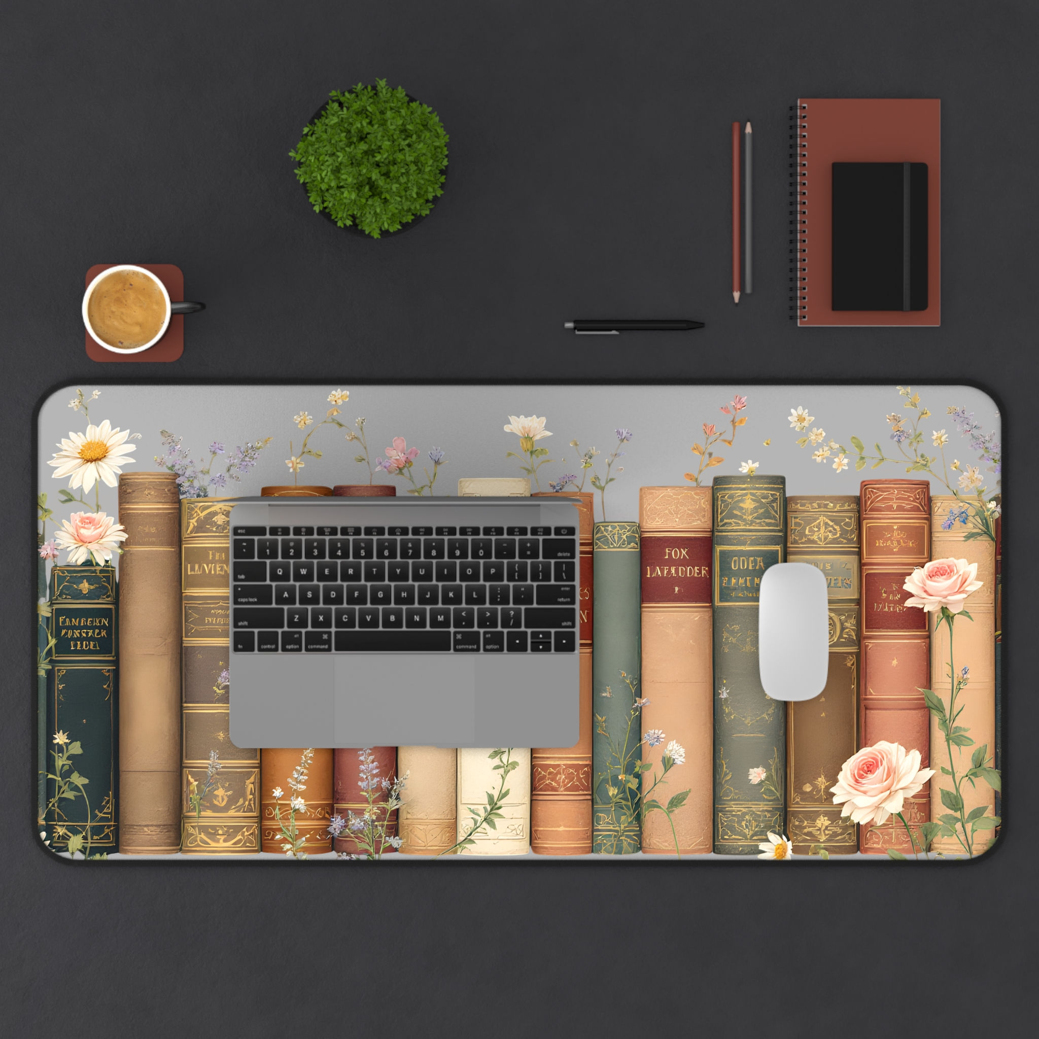 Vintage Bookshelf Desk Mat – Floral Antique Book Lover Mouse Pad