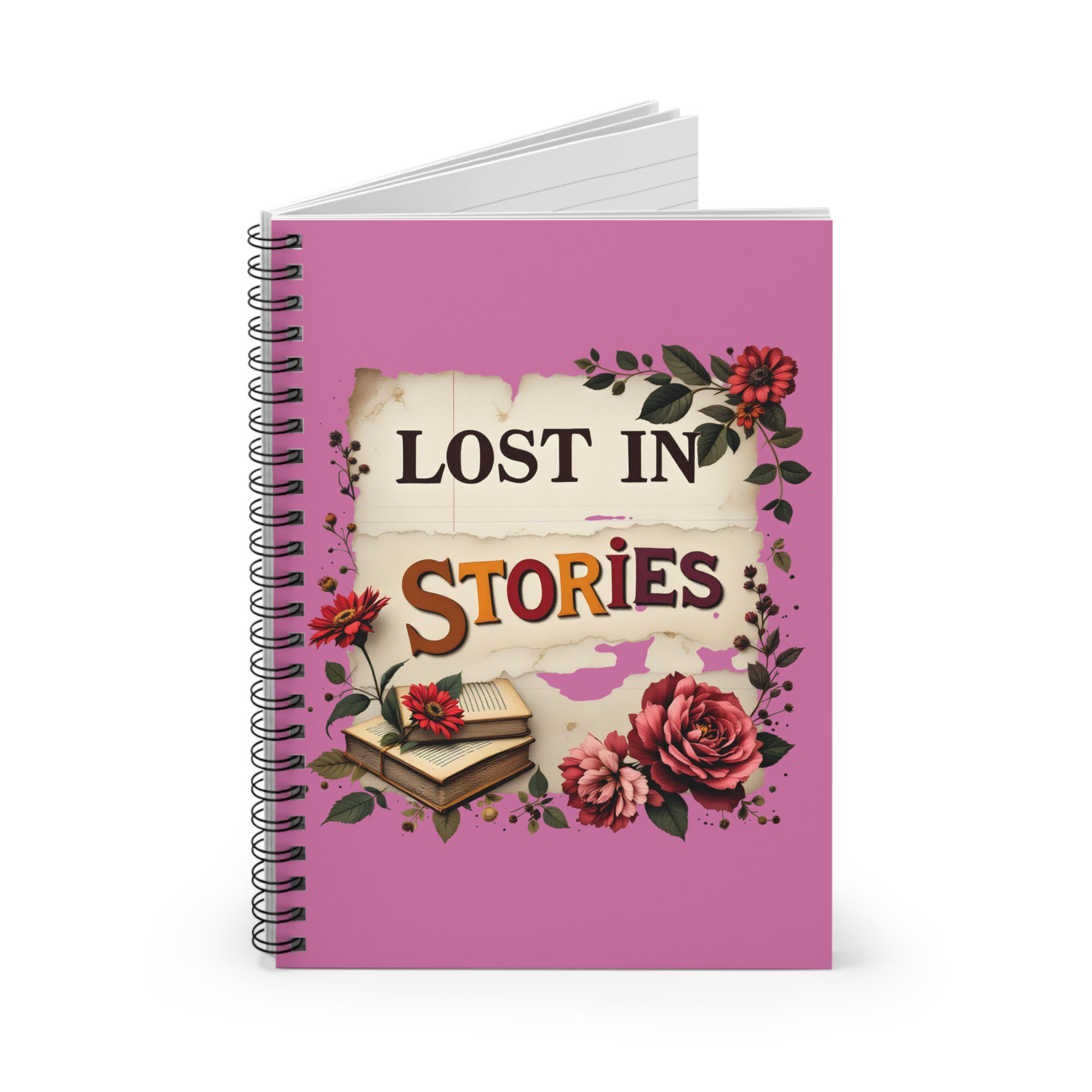 Lost in Stories Spiral Notebook, writing journal, reader's gift, bookish gift