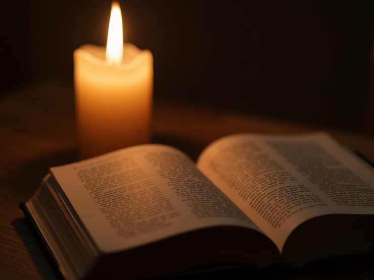 A serene reading nook featuring an open vintage book and a glowing candle.