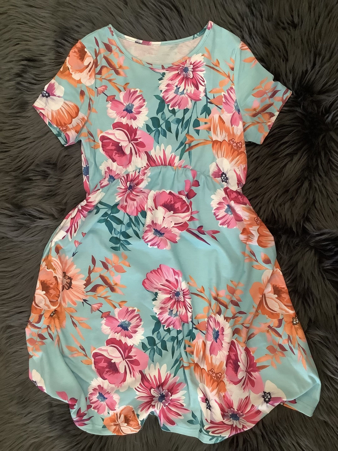 Ladies' Sky Blue Short Sleeve High Waist Floral T-shirt Dress