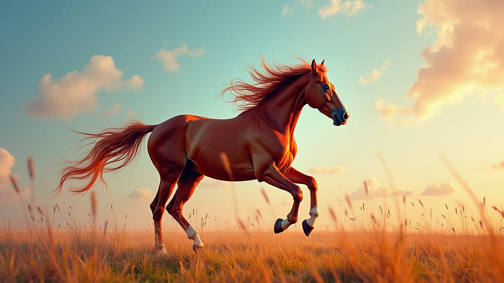 Eye-level view of a vibrant acrylic painting of a galloping horse