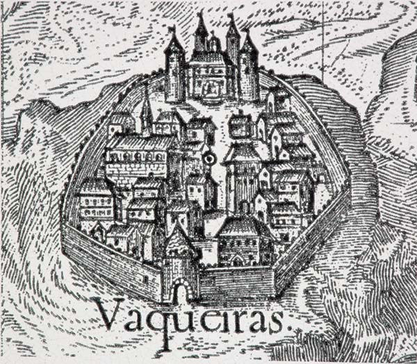 Vacqueyras vor Jahrhunderten, schwarz weiss, alte Stadtmauer, Kirche und Häuser mittendrin