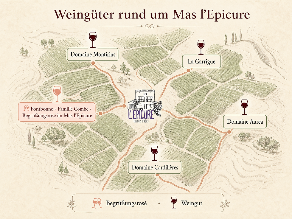 „Illustrierte Karte der Weingüter rund um Mas l’Epicure in Vacqueyras mit Domaine Montirius, La Garrigue, Domaine Aurea, Domaine Cardillères und dem Begrüßungsrosé der Famille Combe