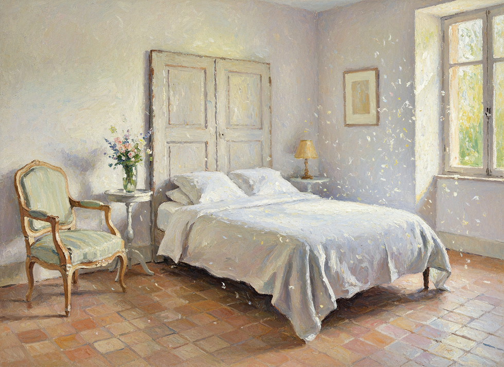 altes Bett viel Licht alter Sessel im provençalen Stil gemalt