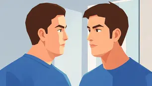 Homem com a mão na cabeça olhando para a queda de cabelo em um espelho