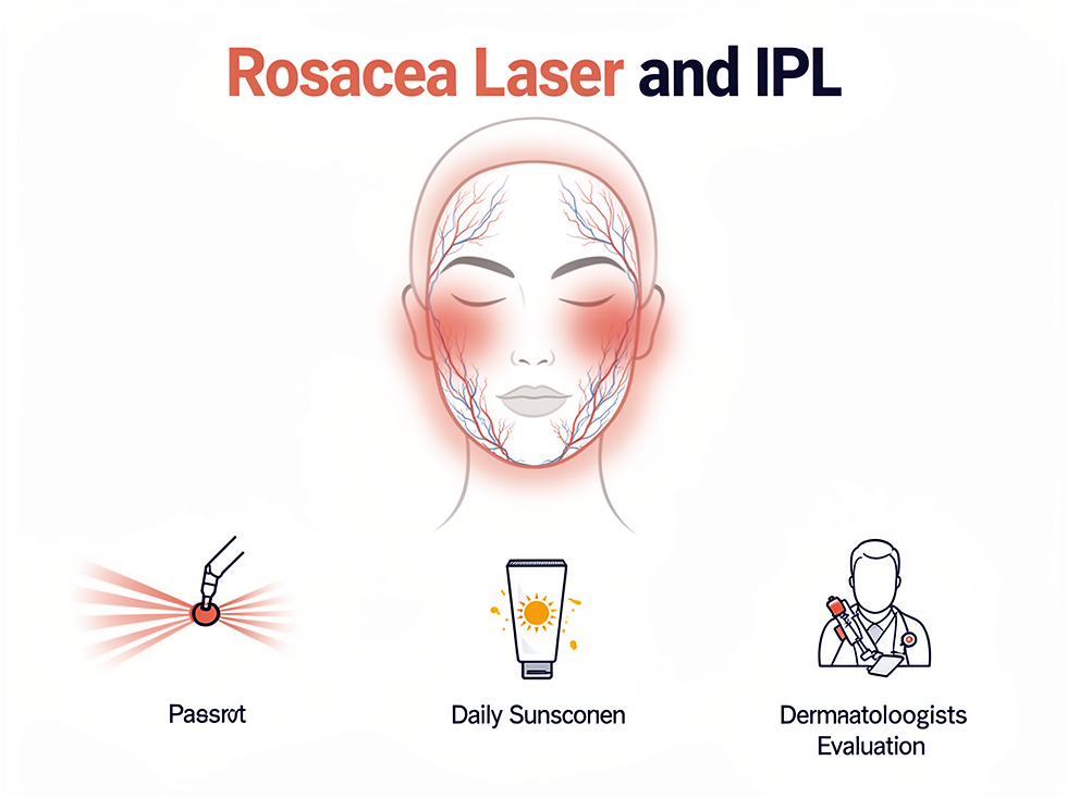 Ilustração educativa sobre rosácea, vasos faciais, laser, proteção solar e avaliação dermatológica