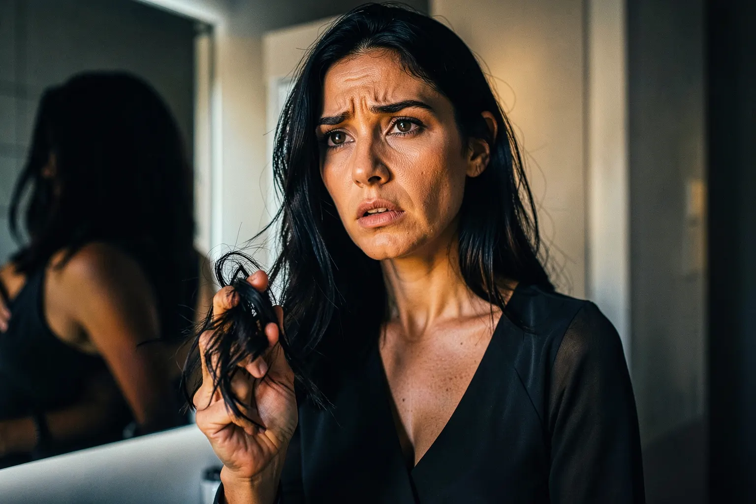 Mulher com cabelo caindo na mão, olhando preocupada para o espelho