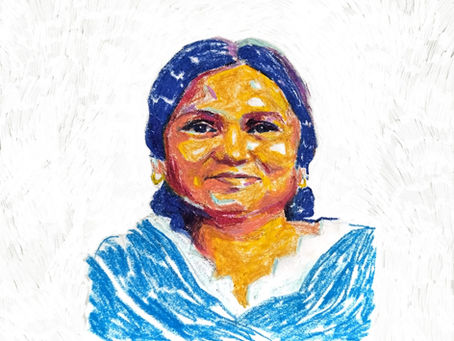 Pastel crayon-style illustrated portrait of Sultana Begum, wearing a shalwar and smiling gently.