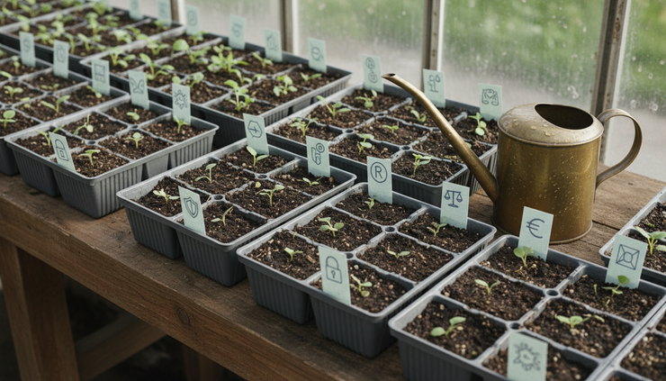High-angle view of seed trays with small paper data tags in a greenhouse.